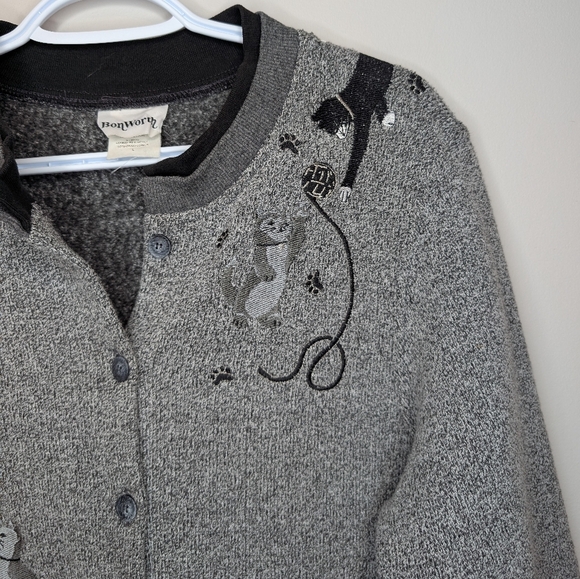 Vintage Bon Worth Woman Large Grandma Cat Embroidered Button Down Cardigan Grey - Picture 6 of 12